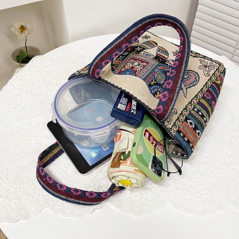 Ethnic Elephant Print Canvas Tote Bag Embroidered Handbag for Women Minimalist Work Commute Boho Style Shoulder Bag