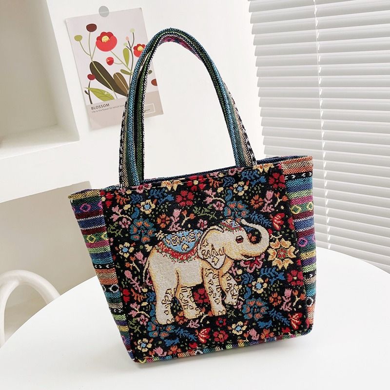 Ethnic Elephant Print Canvas Tote Bag Embroidered Handbag for Women Minimalist Work Commute Boho Style Shoulder Bag