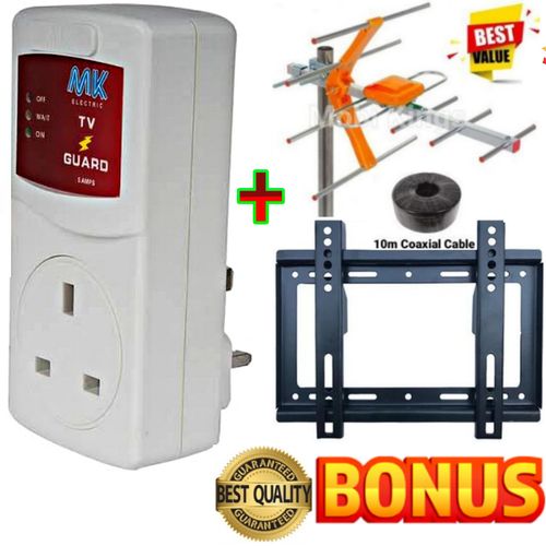 🍊BEST QUALITY ✅️MK TV Accessories TVGuard, TV Guard Surge Power Voltage Protector For 32" frameless tv android smart youtube decoder With Bonus TV Wall Mount Stand For 14" - 43" + Digital TV Aerial A