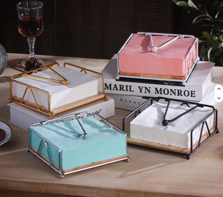 Luxury Metallic Kitchen Serviette holder with Bamboo place on/Napkin holder with the size of 18cmx18cmx6.8cm