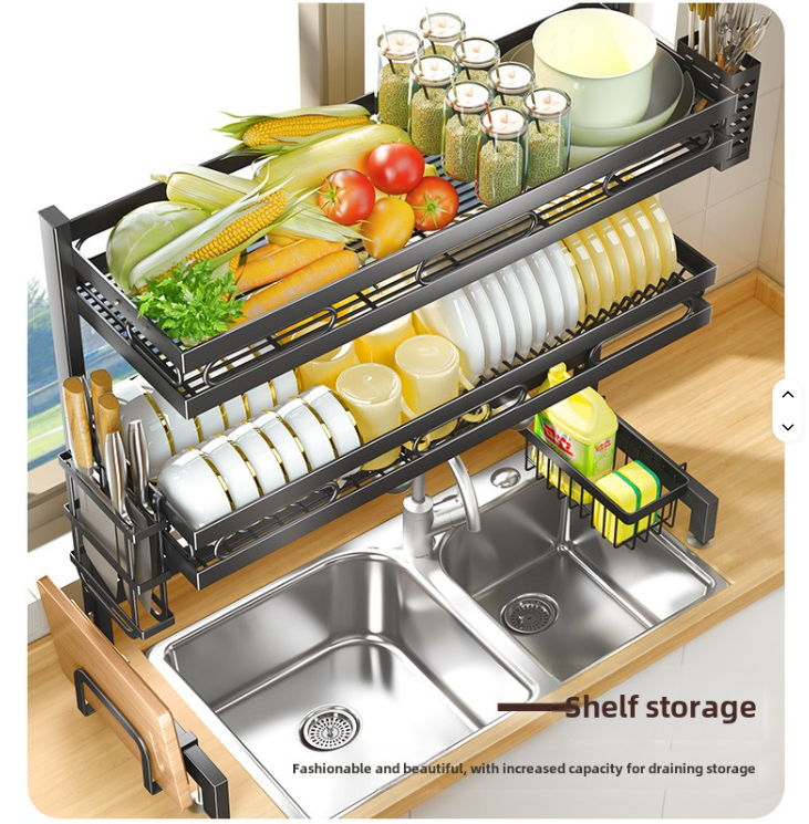 Kitchen Rack with Double Tiers Metal Dish and Bowl Rack with Drain Cleaning Tools Storage Box above Sink