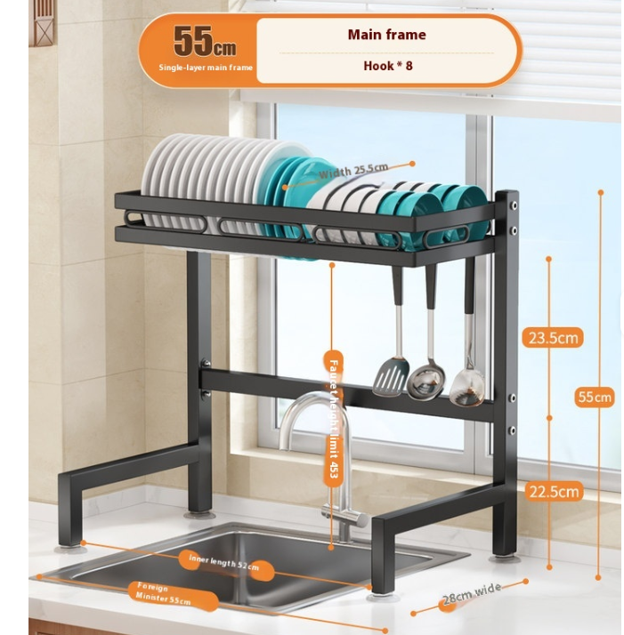 Kitchen Rack with Double Tiers Metal Dish and Bowl Rack with Drain Cleaning Tools Storage Box above Sink