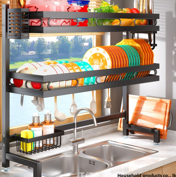 Kitchen Rack with Double Tiers Metal Dish and Bowl Rack with Drain Cleaning Tools Storage Box above Sink