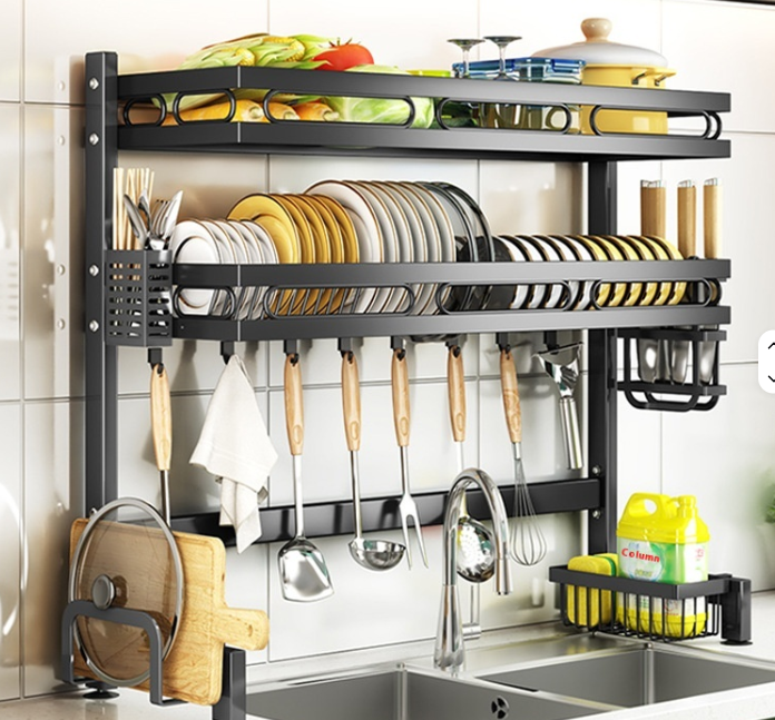 Kitchen Rack with Double Tiers Metal Dish and Bowl Rack with Drain Cleaning Tools Storage Box above Sink