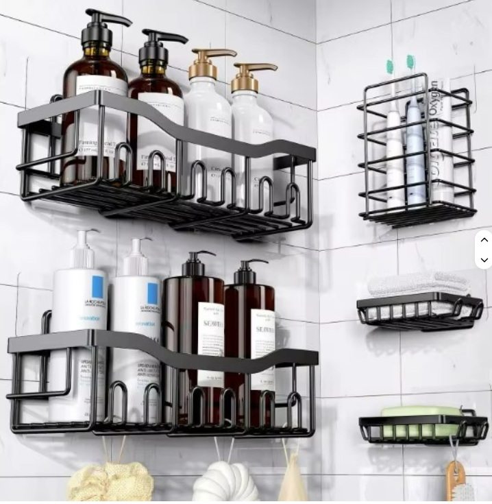 5pcs Set RECTANGULAR Shower Caddy Shelf/Bathroom Rack Organizer With Adhesive Stickers Rustproof Shower Corner Caddy Wall Mounted Adhesive Shower Organizer Shelf Bathroom Storage Rack Wall
