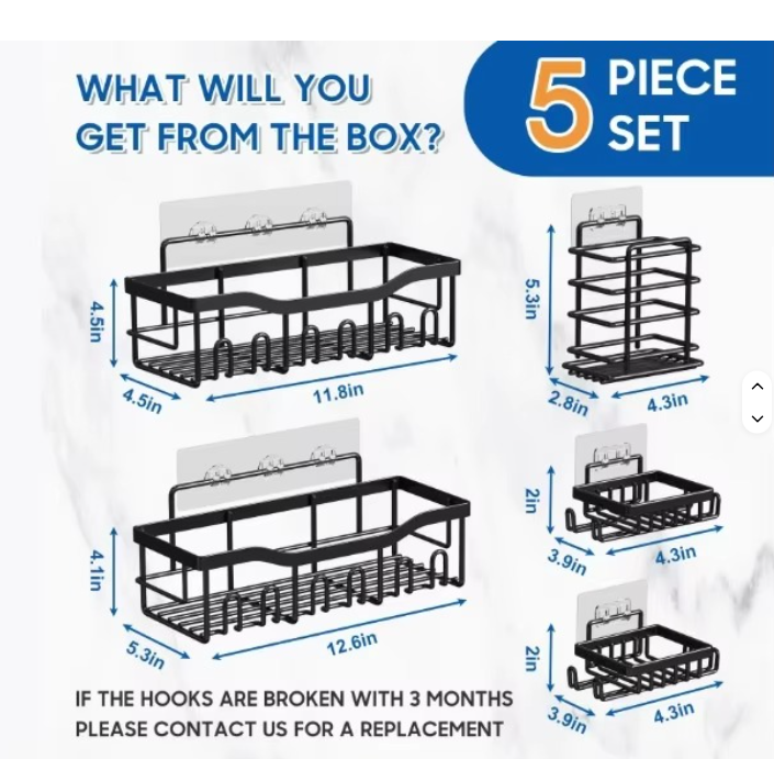 5pcs Set RECTANGULAR Shower Caddy Shelf/Bathroom Rack Organizer With Adhesive Stickers Rustproof Shower Corner Caddy Wall Mounted Adhesive Shower Organizer Shelf Bathroom Storage Rack Wall