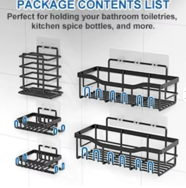 5pcs Set RECTANGULAR Shower Caddy Shelf/Bathroom Rack Organizer With Adhesive Stickers Rustproof Shower Corner Caddy Wall Mounted Adhesive Shower Organizer Shelf Bathroom Storage Rack Wall