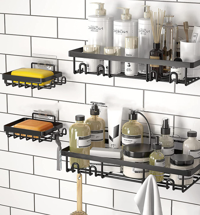 5pcs Set RECTANGULAR Shower Caddy Shelf/Bathroom Rack Organizer With Adhesive Stickers Rustproof Shower Corner Caddy Wall Mounted Adhesive Shower Organizer Shelf Bathroom Storage Rack Wall