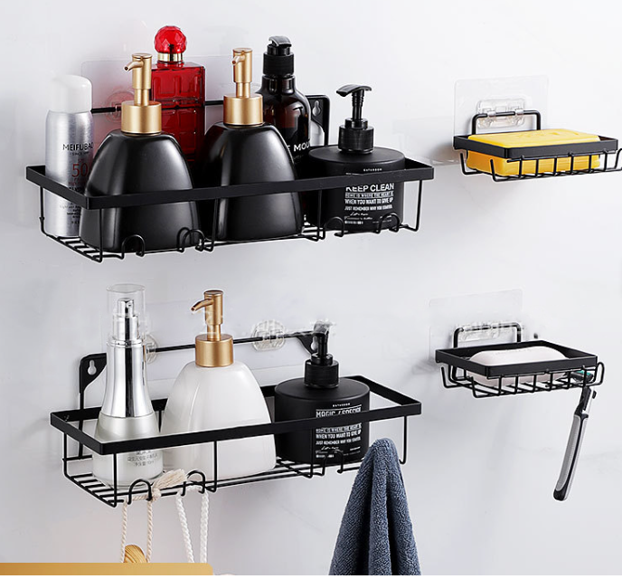 5pcs Set RECTANGULAR Shower Caddy Shelf/Bathroom Rack Organizer With Adhesive Stickers Rustproof Shower Corner Caddy Wall Mounted Adhesive Shower Organizer Shelf Bathroom Storage Rack Wall