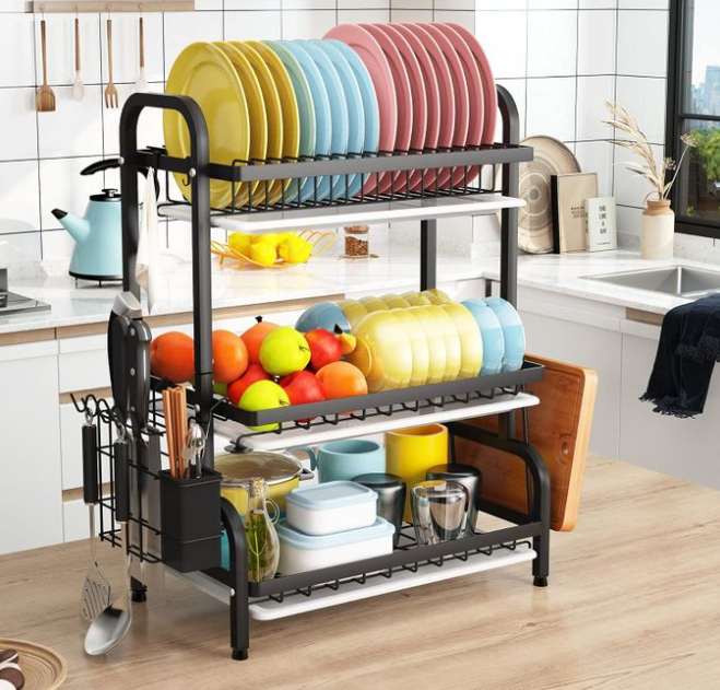 Dish Drying Rack, Metal 3-Tier Large Capacity Dish Rack with Utensil Holder, Cutting Board Holder, Draining Board Tray for Kitchen Counter Storage (Black)