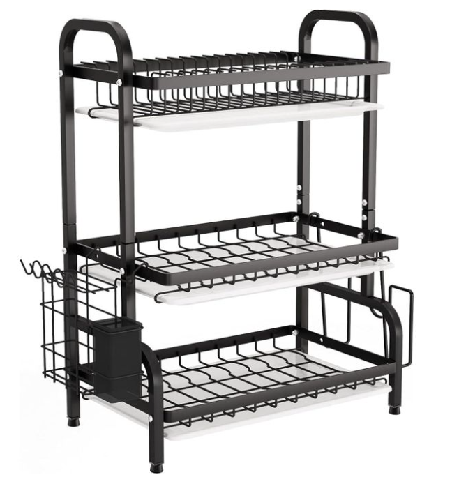 Dish Drying Rack, Metal 3-Tier Large Capacity Dish Rack with Utensil Holder, Cutting Board Holder, Draining Board Tray for Kitchen Counter Storage (Black)