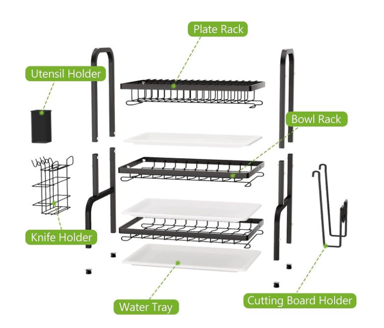 Dish Drying Rack, Metal 3-Tier Large Capacity Dish Rack with Utensil Holder, Cutting Board Holder, Draining Board Tray for Kitchen Counter Storage (Black)