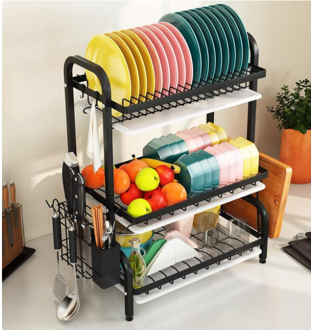 Dish Drying Rack, Metal 3-Tier Large Capacity Dish Rack with Utensil Holder, Cutting Board Holder, Draining Board Tray for Kitchen Counter Storage (Black)