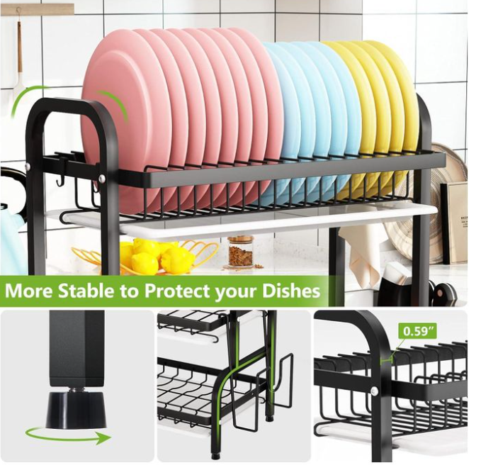 Dish Drying Rack, Metal 3-Tier Large Capacity Dish Rack with Utensil Holder, Cutting Board Holder, Draining Board Tray for Kitchen Counter Storage (Black)