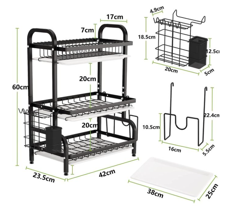 Dish Drying Rack, Metal 3-Tier Large Capacity Dish Rack with Utensil Holder, Cutting Board Holder, Draining Board Tray for Kitchen Counter Storage (Black)