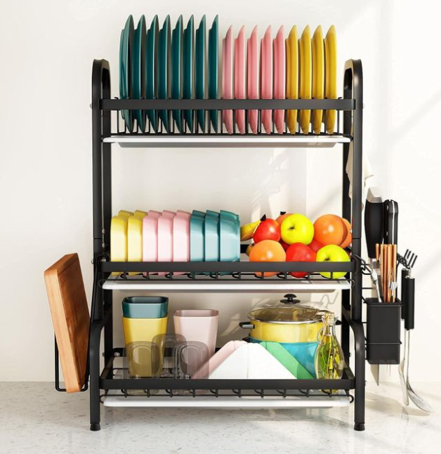 Dish Drying Rack, Metal 3-Tier Large Capacity Dish Rack with Utensil Holder, Cutting Board Holder, Draining Board Tray for Kitchen Counter Storage (Black)