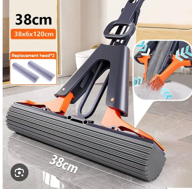38cmx110cm self wringing super absorbent sponge mop automatic self-wringing roller squeeze mop - hands-free water squeezing floor mop, high absorbent pva sponge mop head, hardwood, tile, laminate floo