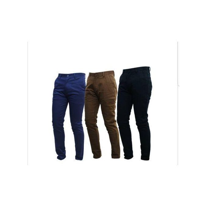3 Pcs Soft Khaki Men's Trouser Slim Fit- Navy Blue, Black And Chocolate