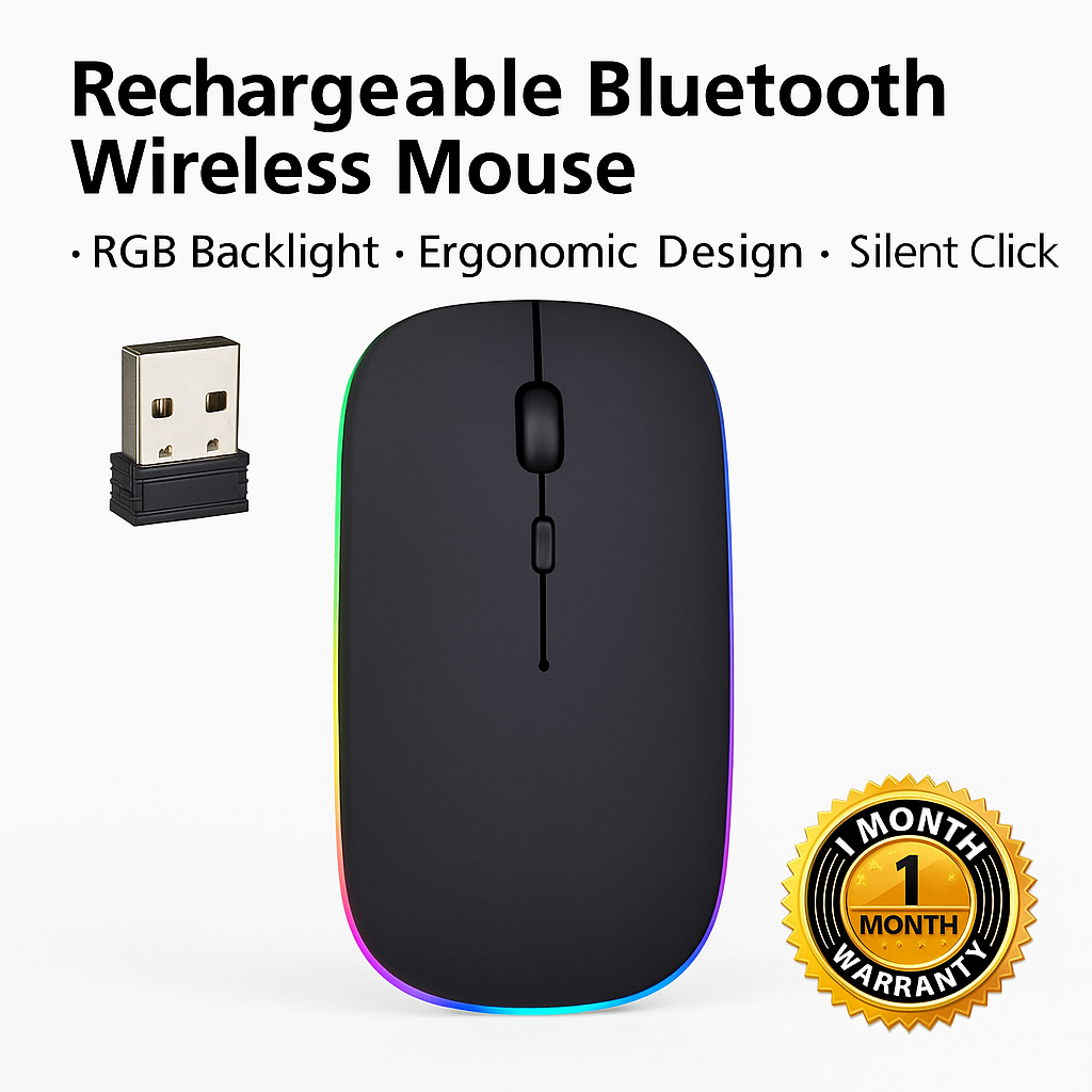 Rechargeable Bluetooth Wireless Mouse for MacBook, MacBook Air/Pro, iPad, Laptop, PC, Chromebook – LED RGB Backlit Ergonomic Gaming Mouse, 3600 DPI High-Precision, Silent Click.