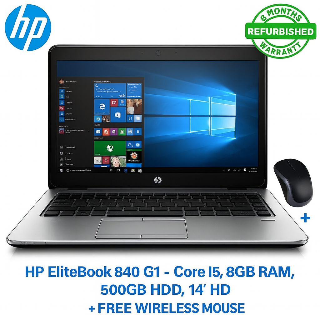 HP EliteBook 840 G1 Refurbished Laptop | Core i5 | 8GB RAM | 500GB HDD | 14" HD Screen | Windows 10 Pro | Webcam | Bluetooth | Slim & Lightweight Business Laptop + FREE WIRELESS MOUSE💼