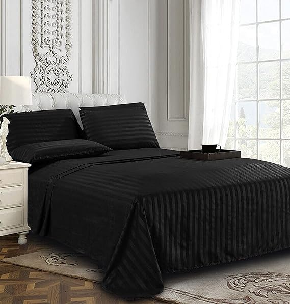 Flat Plain/Stripped High Grade Premium Cotton Bed Sheet Set, 2 Flat Bedsheets & 2 Pillow Cases