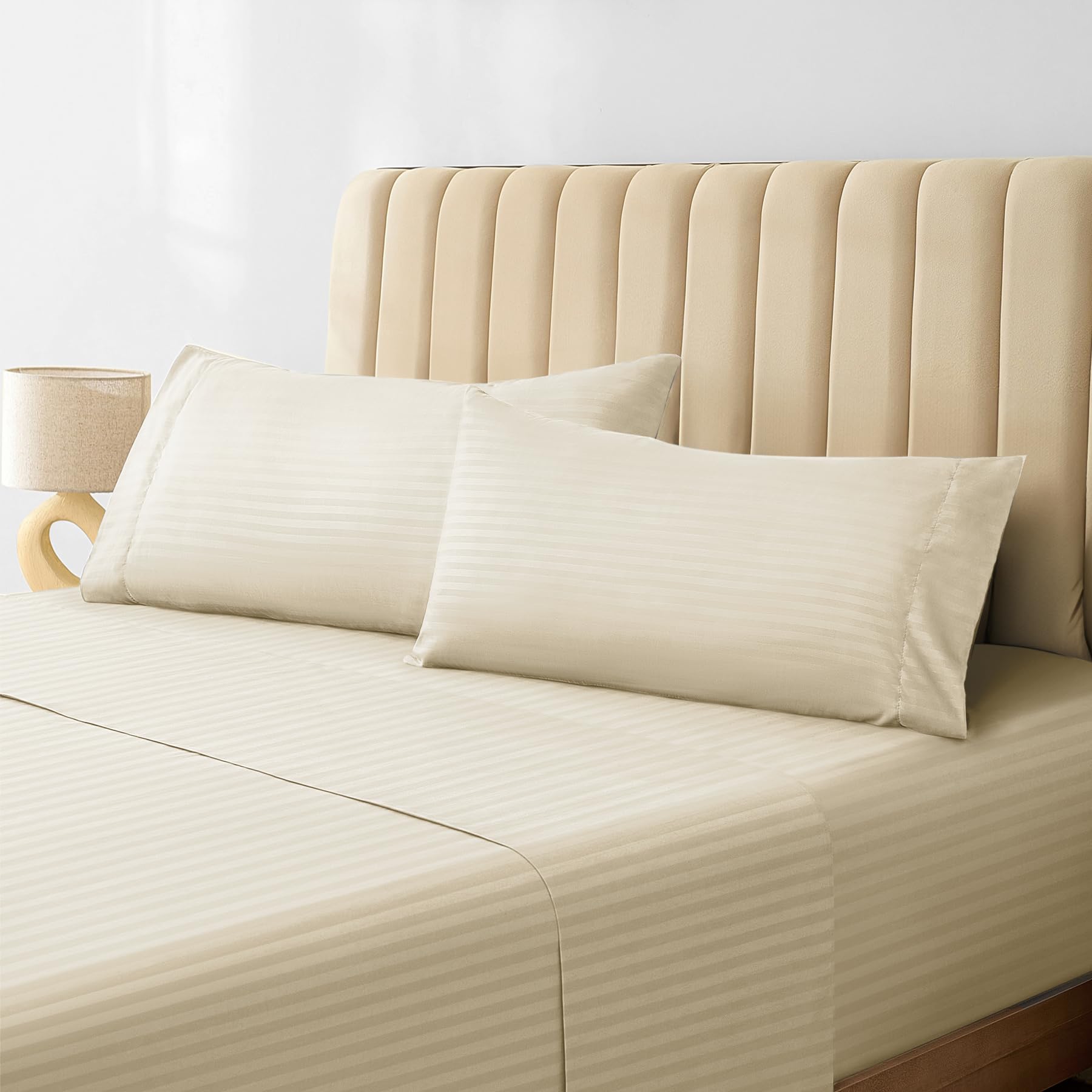 Fitted Plain/Stripped High Grade Premium Cotton Bed Sheet Set, 1 Flat Bedsheet, 1 Fitted Bedsheets & 4 Pillow Cases