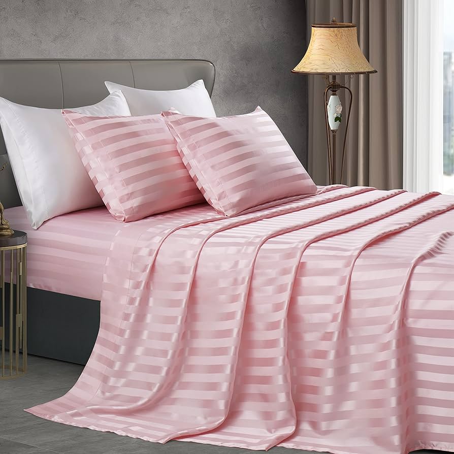 Fitted Plain/Stripped High Grade Premium Cotton Bed Sheet Set, 1 Flat Bedsheet, 1 Fitted Bedsheets & 4 Pillow Cases