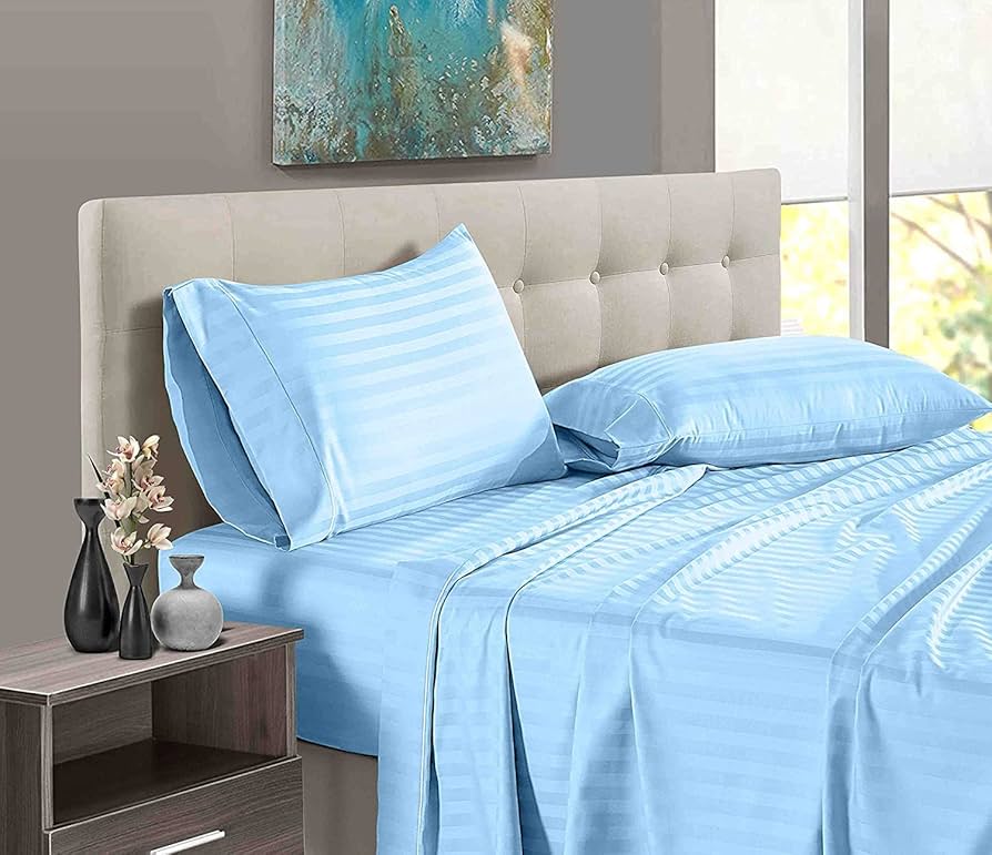 Fitted Plain/Stripped High Grade Premium Cotton Bed Sheet Set, 1 Flat Bedsheet, 1 Fitted Bedsheets & 4 Pillow Cases