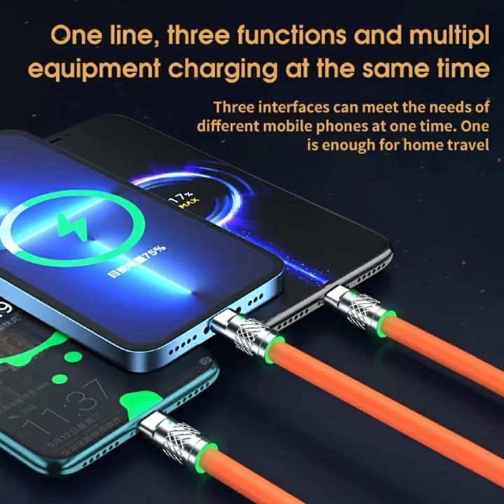 6A 120W 3 In 1 Charging Cable USB Fast Charger Cable For iPhone Micro USB Type-C Charging Cable For Huawei Samsung Xiaomi Wird Cord