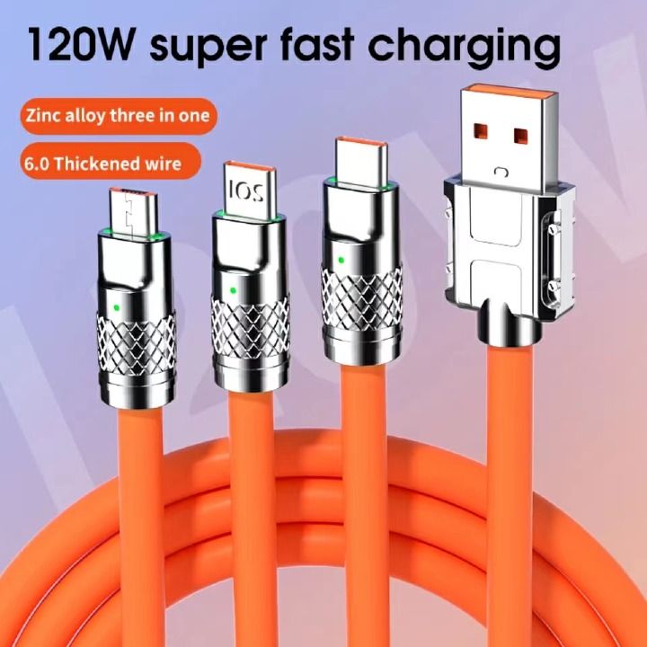 6A 120W 3 In 1 Charging Cable USB Fast Charger Cable For iPhone Micro USB Type-C Charging Cable For Huawei Samsung Xiaomi Wird Cord