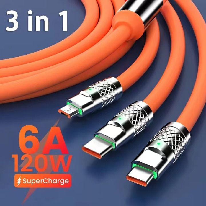 6A 120W 3 In 1 Charging Cable USB Fast Charger Cable For iPhone Micro USB Type-C Charging Cable For Huawei Samsung Xiaomi Wird Cord