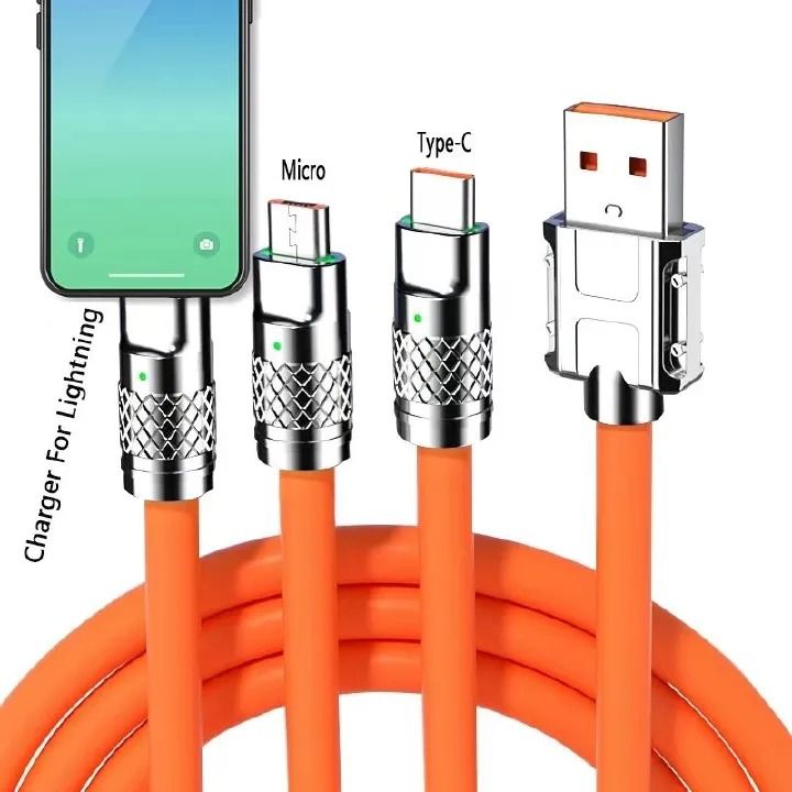 6A 120W 3 In 1 Charging Cable USB Fast Charger Cable For iPhone Micro USB Type-C Charging Cable For Huawei Samsung Xiaomi Wird Cord