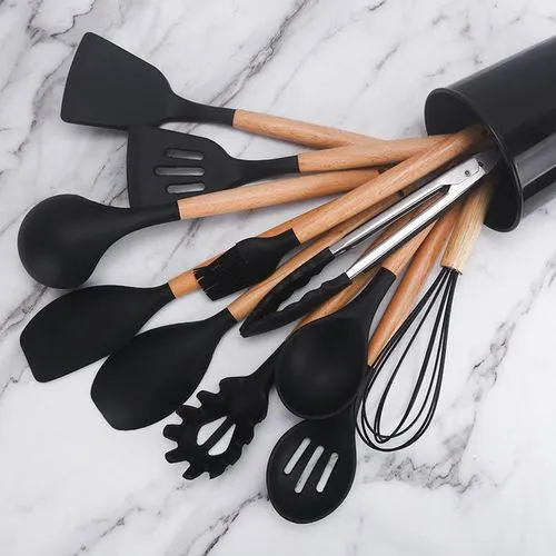 12Pcs Silicone Non-stick Cooking Spoon Set.12 high-quality kitchen utensils that will suit all your cooking and baking needs. Safe silicone heads, soft to not scratch any of your pots, pans