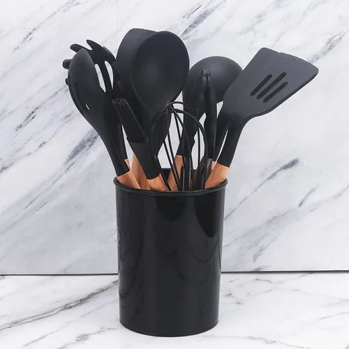 12Pcs Silicone Non-stick Cooking Spoon Set.12 high-quality kitchen utensils that will suit all your cooking and baking needs. Safe silicone heads, soft to not scratch any of your pots, pans