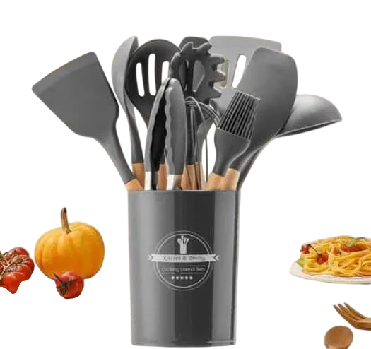 12Pcs Silicone Non-stick Cooking Spoon Set.12 high-quality kitchen utensils that will suit all your cooking and baking needs. Safe silicone heads, soft to not scratch any of your pots, pans