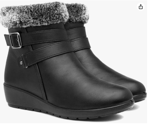 Ladies’ Black Faux Leather Ankle Boots with Fur Lining & Side Zip – Elegant Winter Footwear