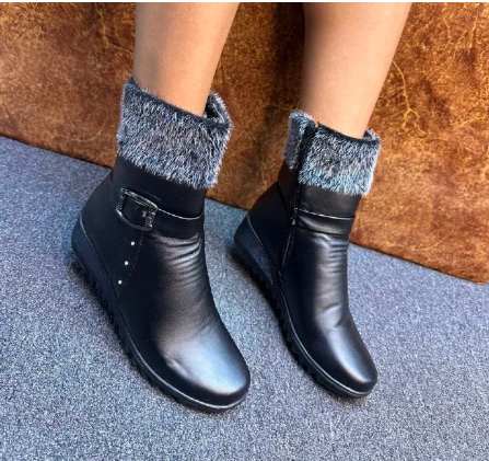Ladies’ Black Faux Leather Ankle Boots with Fur Lining & Side Zip – Elegant Winter Footwear
