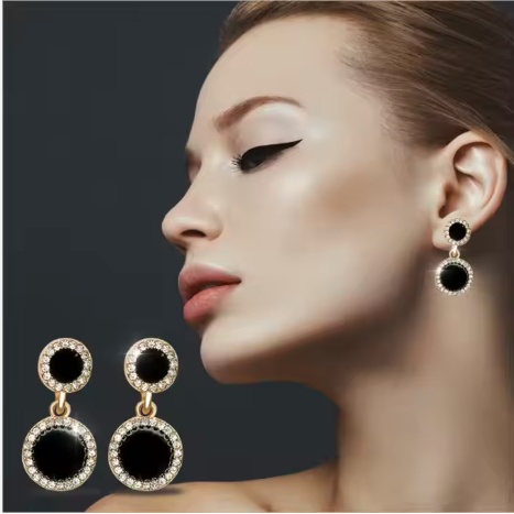 Elegant Black and Gold Dangle Drop Earrings for Women – Stylish Long Earrings with Sparkling Crystal Trim, Lightweight Statement Jewelry