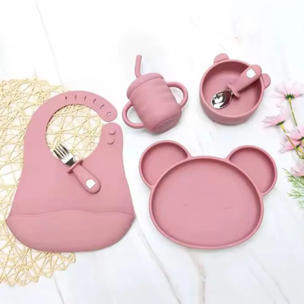 Baby Cat Non-slip Suction Kids Dining Silicone Baby Bowl Plate Cup Bib Spoon Children Weaning Baby Feeding Set kids silicone feeding set