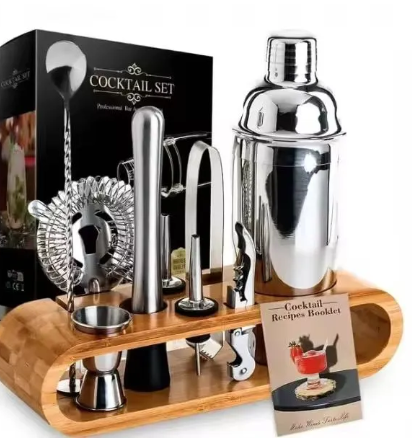 10Pcs 550ml Cocktail Shaker Bartender Set With Wooden Stand-Shaker Full Stainless Steel Cocktail Set w/Bar Tools - Drink Mixer Bar Set - Bar Accessories Silver
