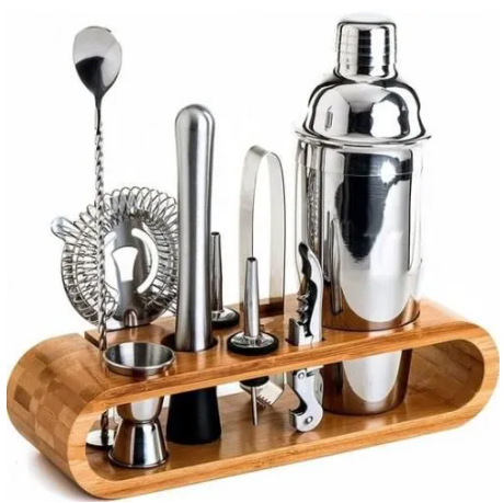 10Pcs 550ml Cocktail Shaker Bartender Set With Wooden Stand-Shaker Full Stainless Steel Cocktail Set w/Bar Tools - Drink Mixer Bar Set - Bar Accessories Silver