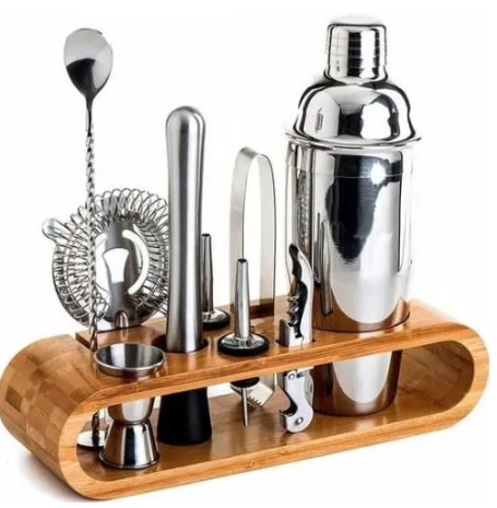 10Pcs 550ml Cocktail Shaker Bartender Set With Wooden Stand-Shaker Full Stainless Steel Cocktail Set w/Bar Tools - Drink Mixer Bar Set - Bar Accessories Silver