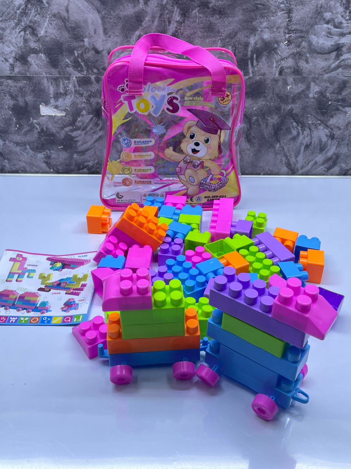 62 pieces stacking educational blocks.These Building Blocks toys bring fun to your child’s playtime while challenging their creativity and keeping them occupied. A great way to help your kid grow up a