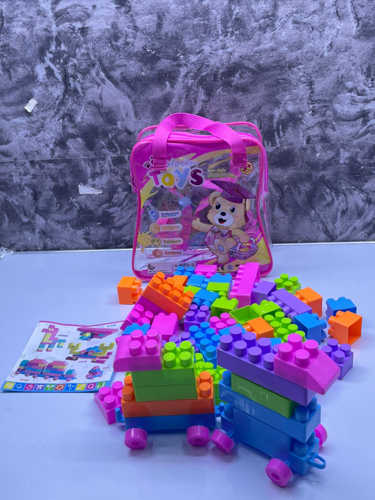 62 pieces stacking educational blocks.These Building Blocks toys bring fun to your child’s playtime while challenging their creativity and keeping them occupied. A great way to help your kid grow up a