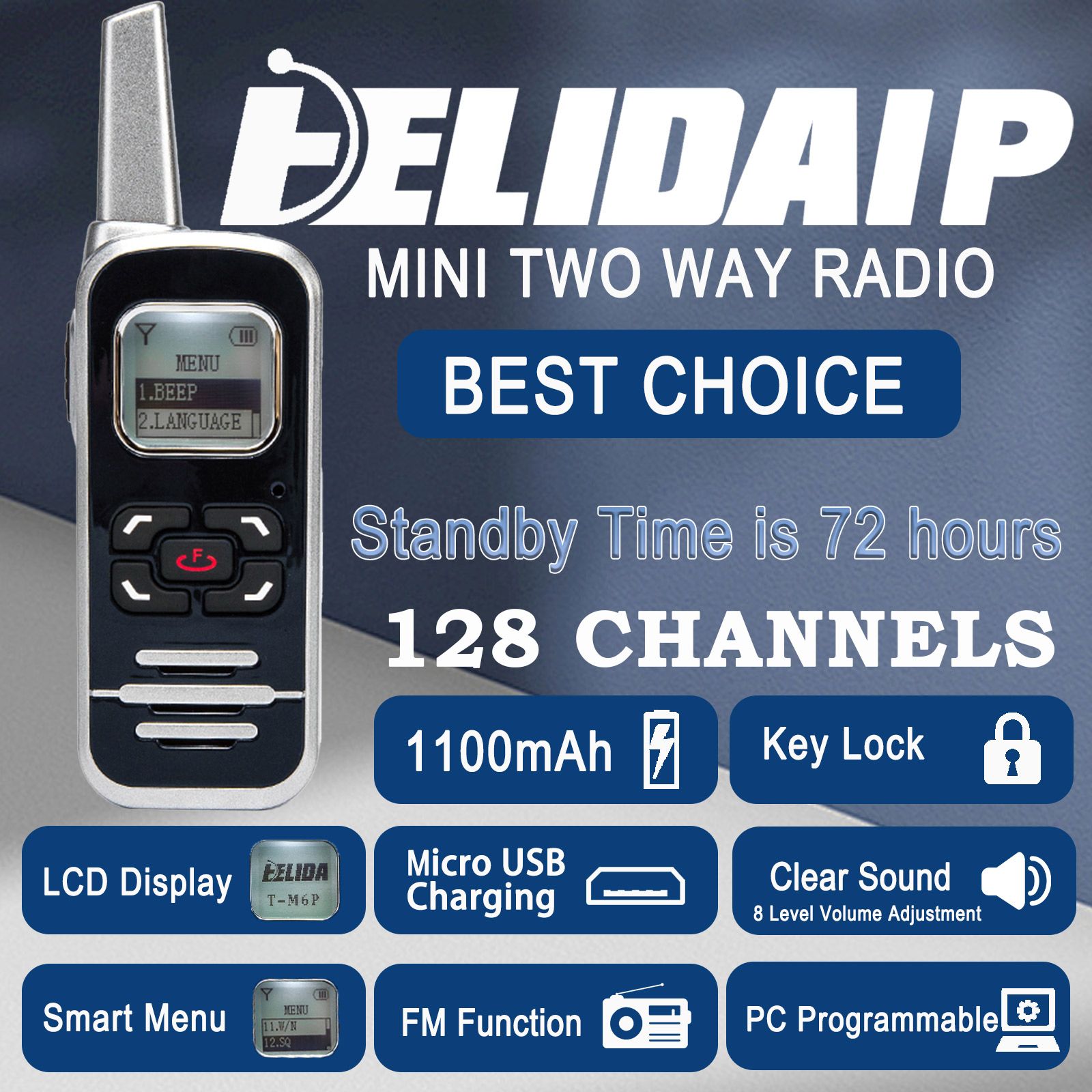 M6P Mini Walkie Talkies,1100mAh Battery Rechargeable,128 Channels,Long Range Walkie Talkies with FM Radio Function,LCD Display,Portable Two Way Radio for Trip Camping Hiking Workplace,2 Pack