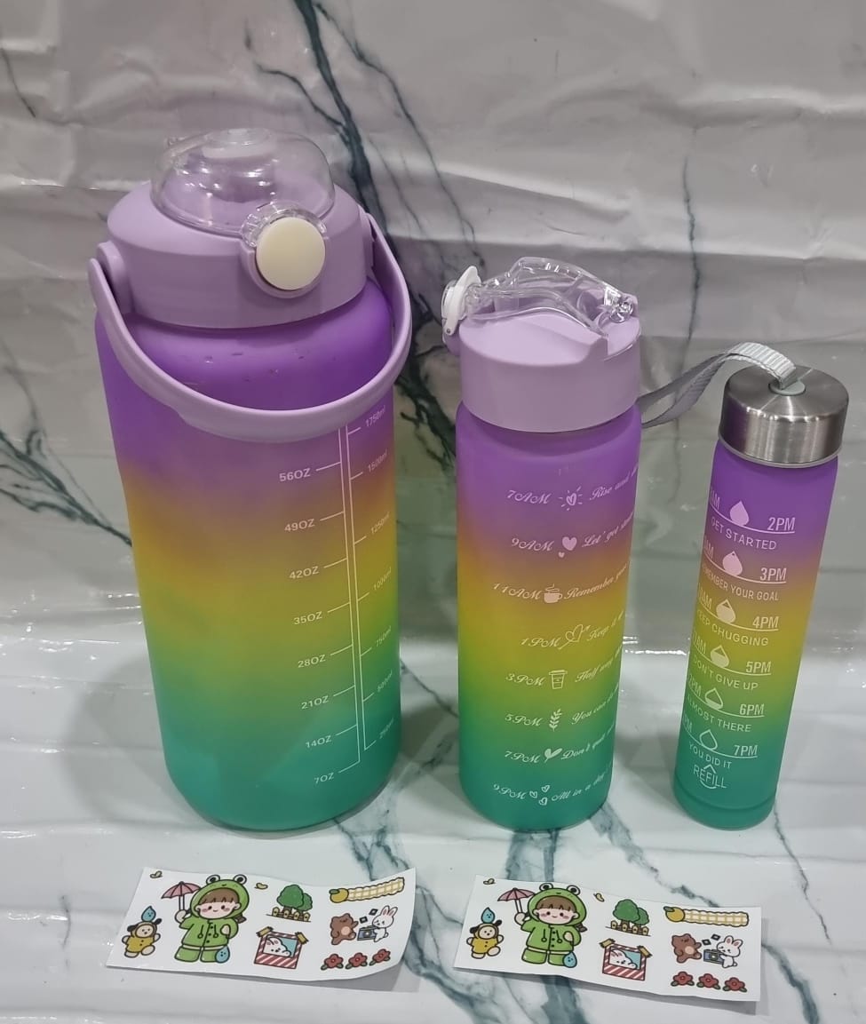 Fancy water bottles
3in1 motivation water bottle now available in 6 colours Perfect for Sports Outdoor Travel Gym Fitness Leakproof Bottle 
2L,900mL,300mL
