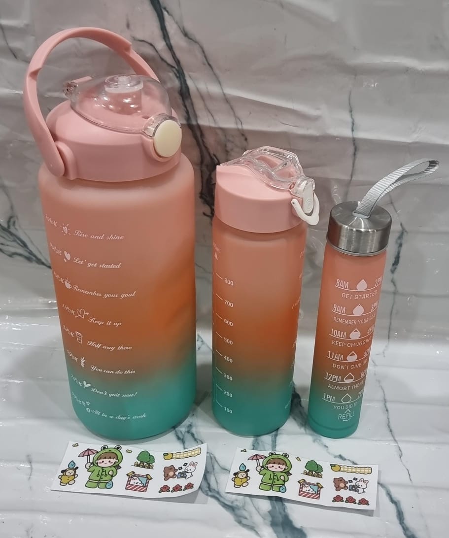 Fancy water bottles
3in1 motivation water bottle now available in 6 colours Perfect for Sports Outdoor Travel Gym Fitness Leakproof Bottle 
2L,900mL,300mL