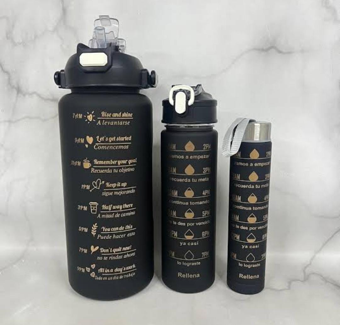 Fancy water bottles
3in1 motivation water bottle now available in 6 colours Perfect for Sports Outdoor Travel Gym Fitness Leakproof Bottle 
2L,900mL,300mL