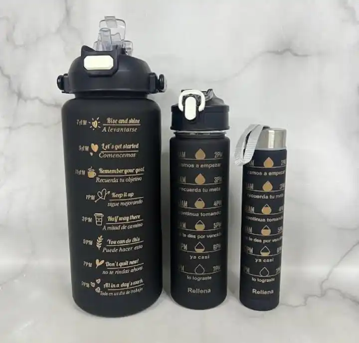 Fancy water bottles
3in1 motivation water bottle now available in 6 colours Perfect for Sports Outdoor Travel Gym Fitness Leakproof Bottle 
2L,900mL,300mL