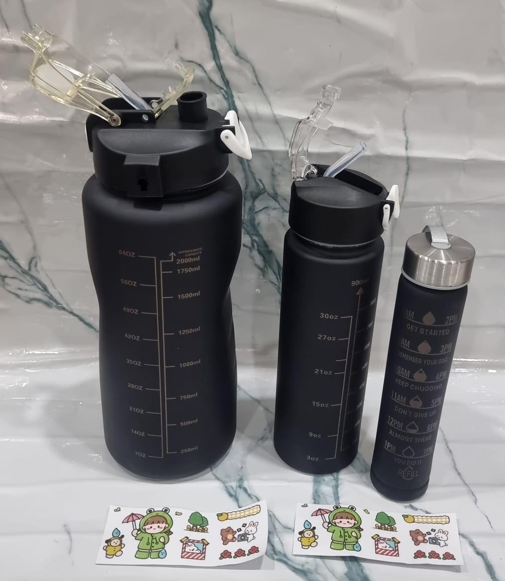 Fancy water bottles
3in1 motivation water bottle now available in 6 colours Perfect for Sports Outdoor Travel Gym Fitness Leakproof Bottle 
2L,900mL,300mL